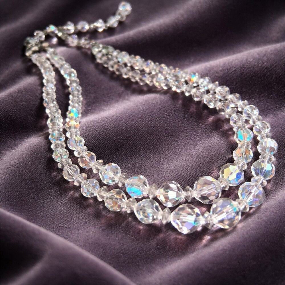 Vintage 1950s Aurora Borealis Crystal Double Strand Necklace Choker AB Graduated